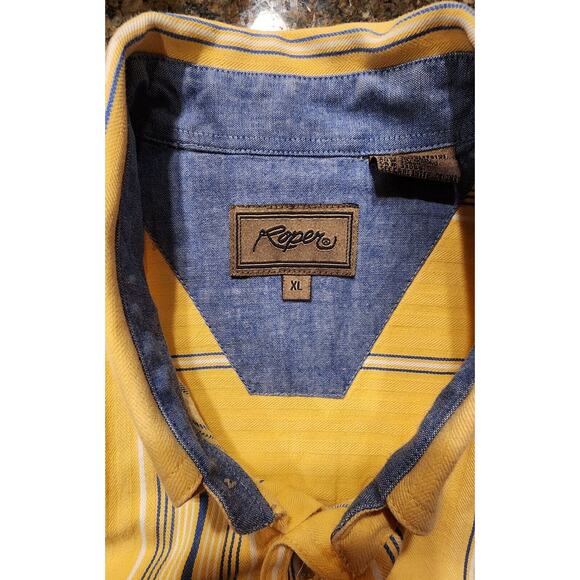 Roper Button Front Shirt Long Sleeve Yellow Blue Stripe Mens Sz X-Large Western - Picture 5 of 7